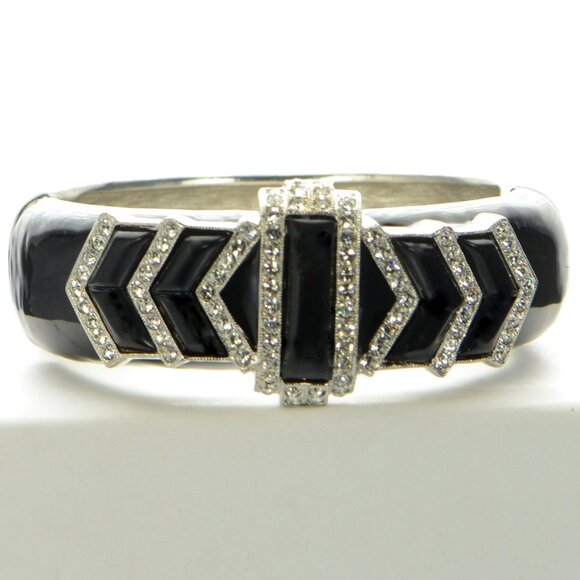 Kenneth Jay Lane KJL Black Enamel Art Deco Cuff Bracelet - Picture 2 of 6